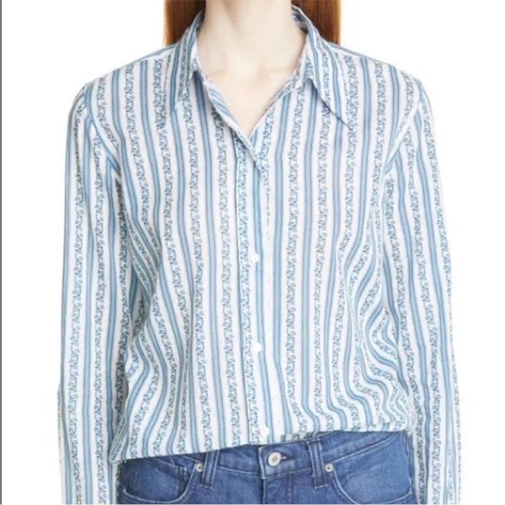 Nili Lotan White and Light Blue Striped Button-Down Blouse